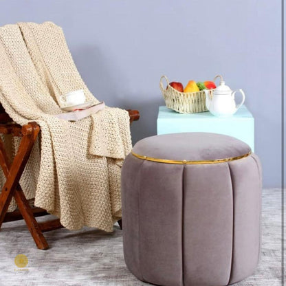 Brown Dressing Table Sitting Stool Pouf by TheGharnish, soft fabric with round shape, perfect for vanity or dressing area.