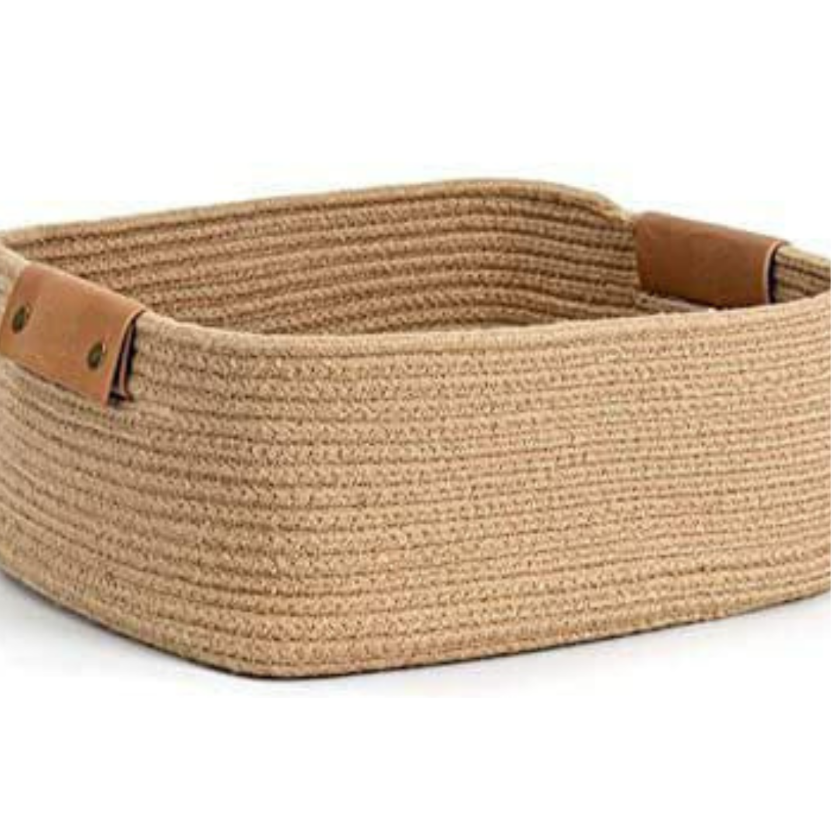 Black jute square storage basket by TheGharnish with sturdy handles, ideal for organizing or decorative home storage.