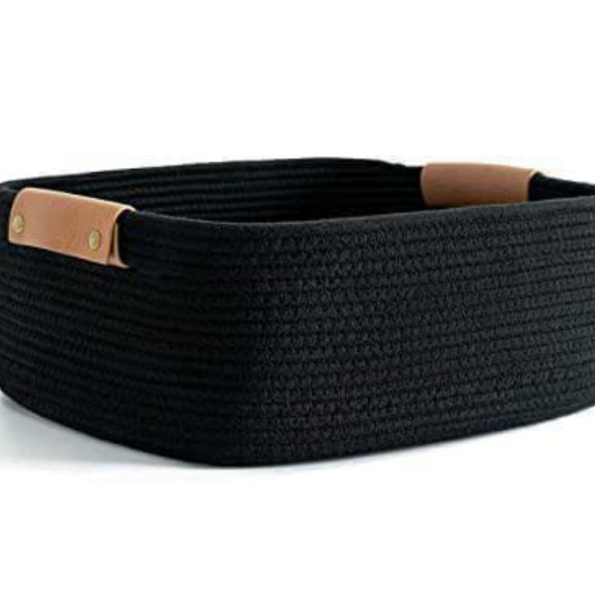Black jute square storage basket from TheGharnish with sturdy handles, ideal for organizing and decorative storage.