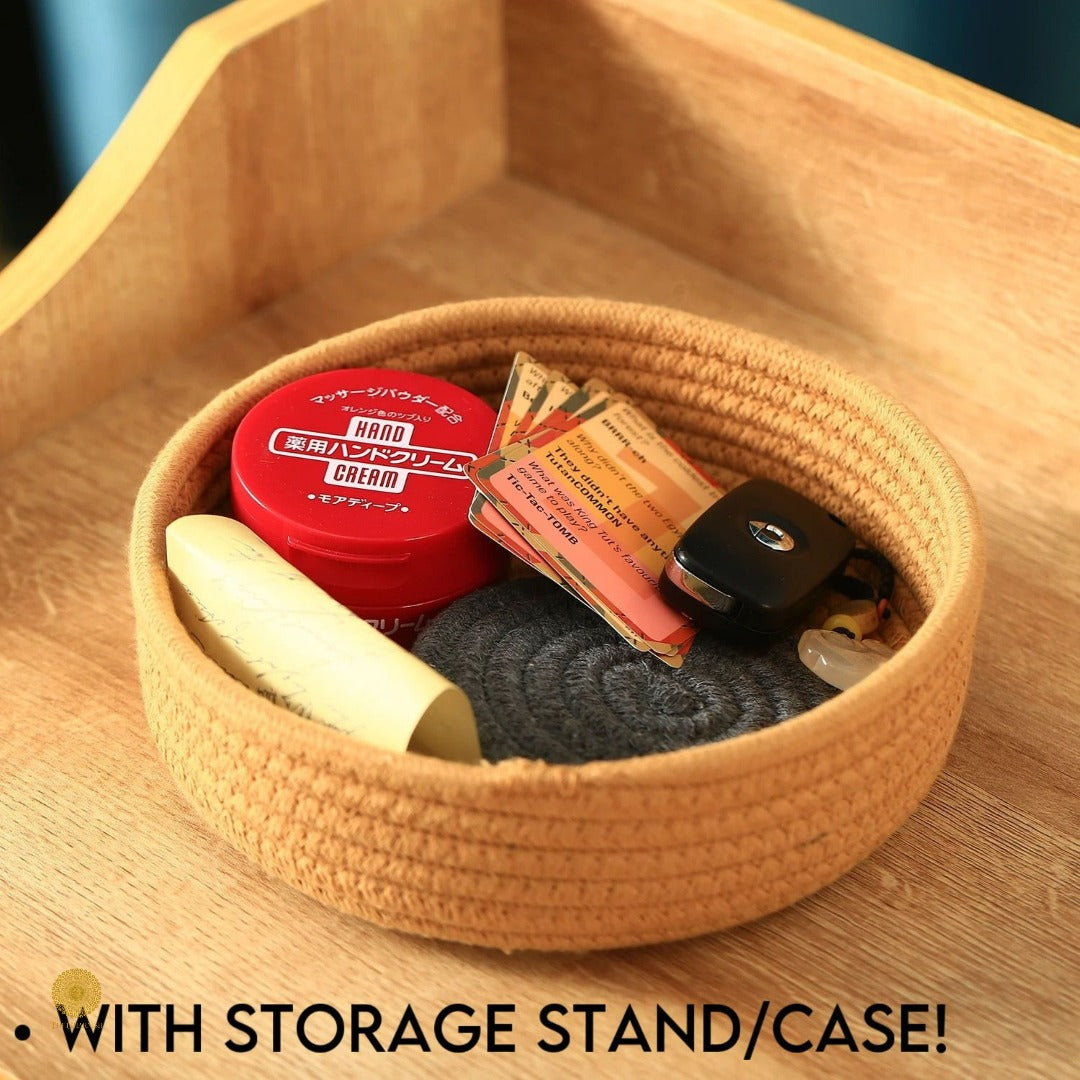 Set of six black storage containers with matching coaster storage stand by TheGharnish, ideal for organizing and serving drinks.