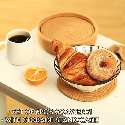 Set of six black storage containers with coaster storage stand by TheGharnish, ideal for organizing coasters and small items.