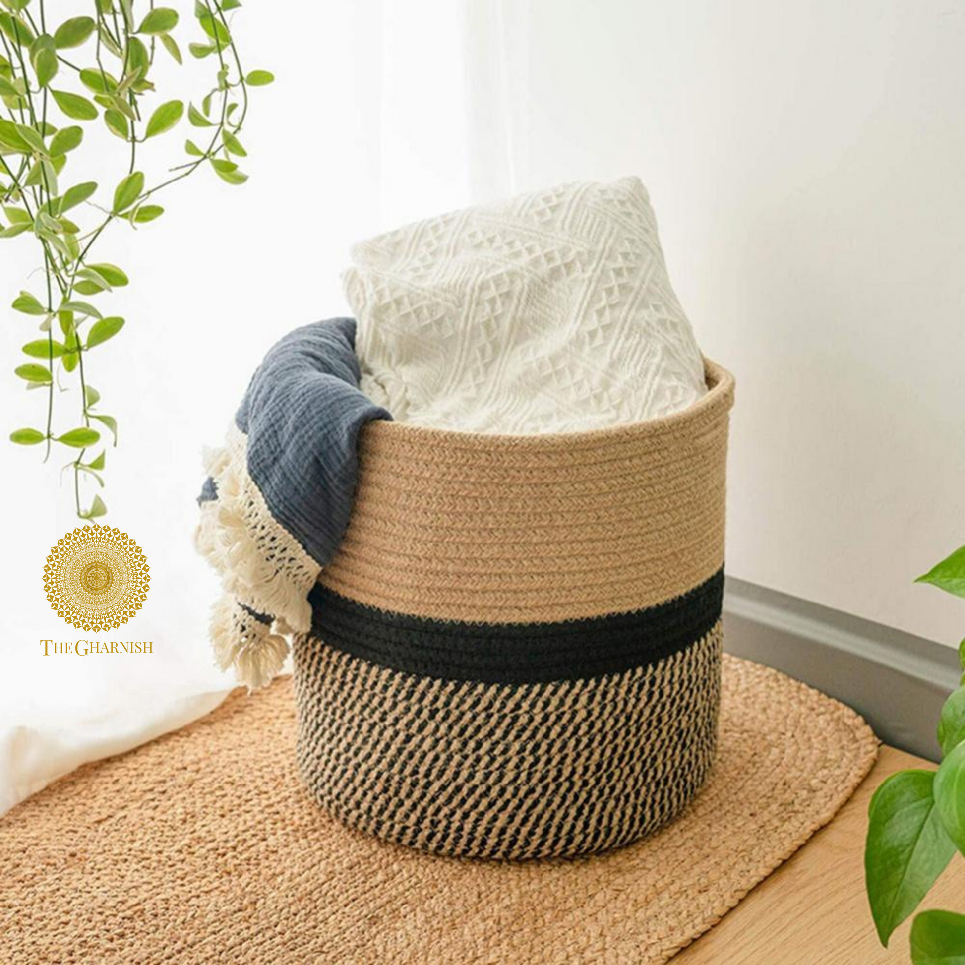 Rope multipurpose storage basket measuring 10 x 10 inches by TheGharnish, with woven natural rope design for versatile organization.