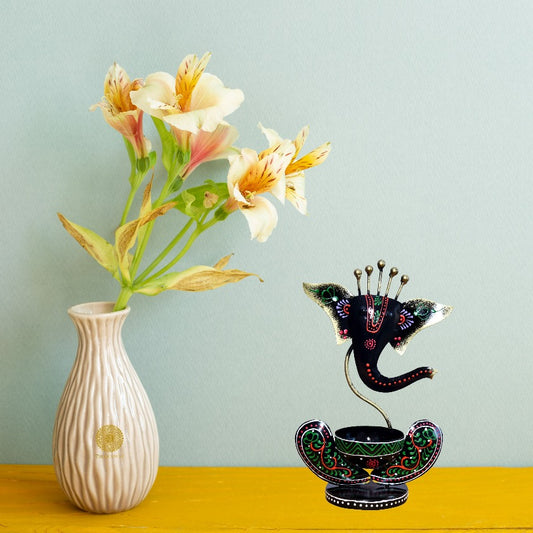 Black Ganesh Metallic Diya - The Gharnish - A Unit of Satkala Creations