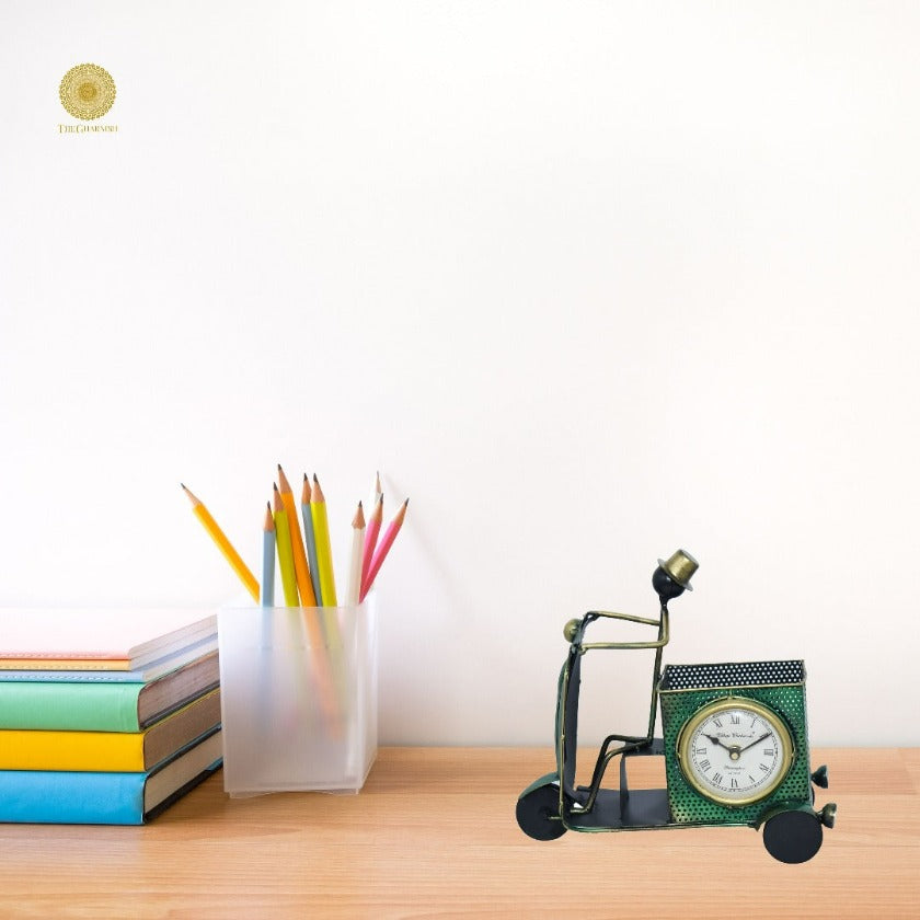 Green Scooter Antique Pen Stand With clock - The Gharnish - A Unit of Satkala Creations