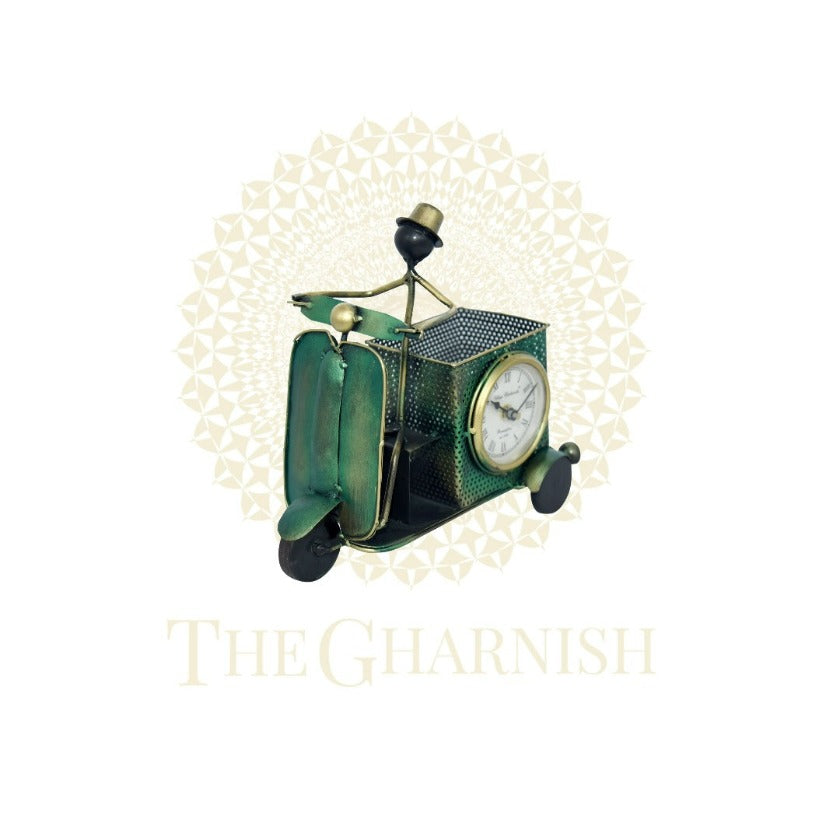 Green Scooter Antique Pen Stand With clock - The Gharnish - A Unit of Satkala Creations