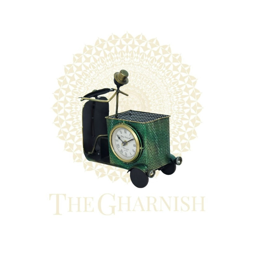 Green Scooter Antique Pen Stand With clock - The Gharnish - A Unit of Satkala Creations