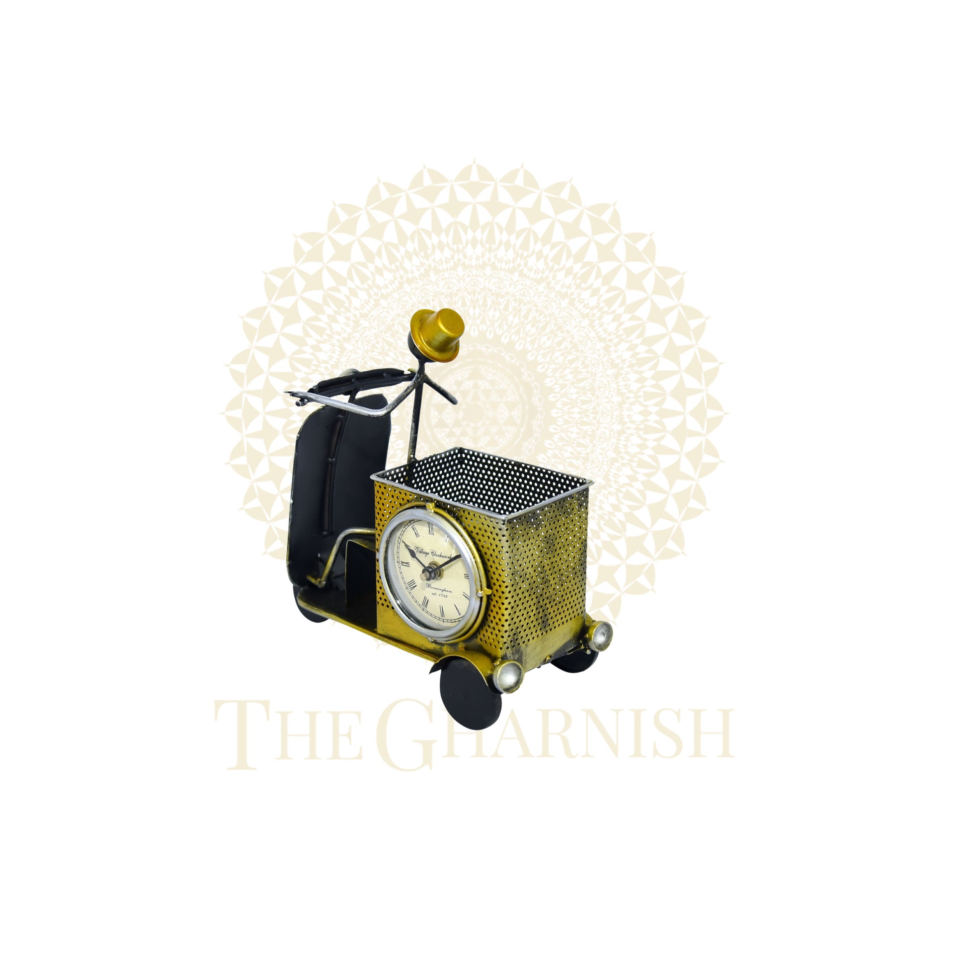 Yellow Scooter Antique Pen Stand With clock - The Gharnish - A Unit of Satkala Creations
