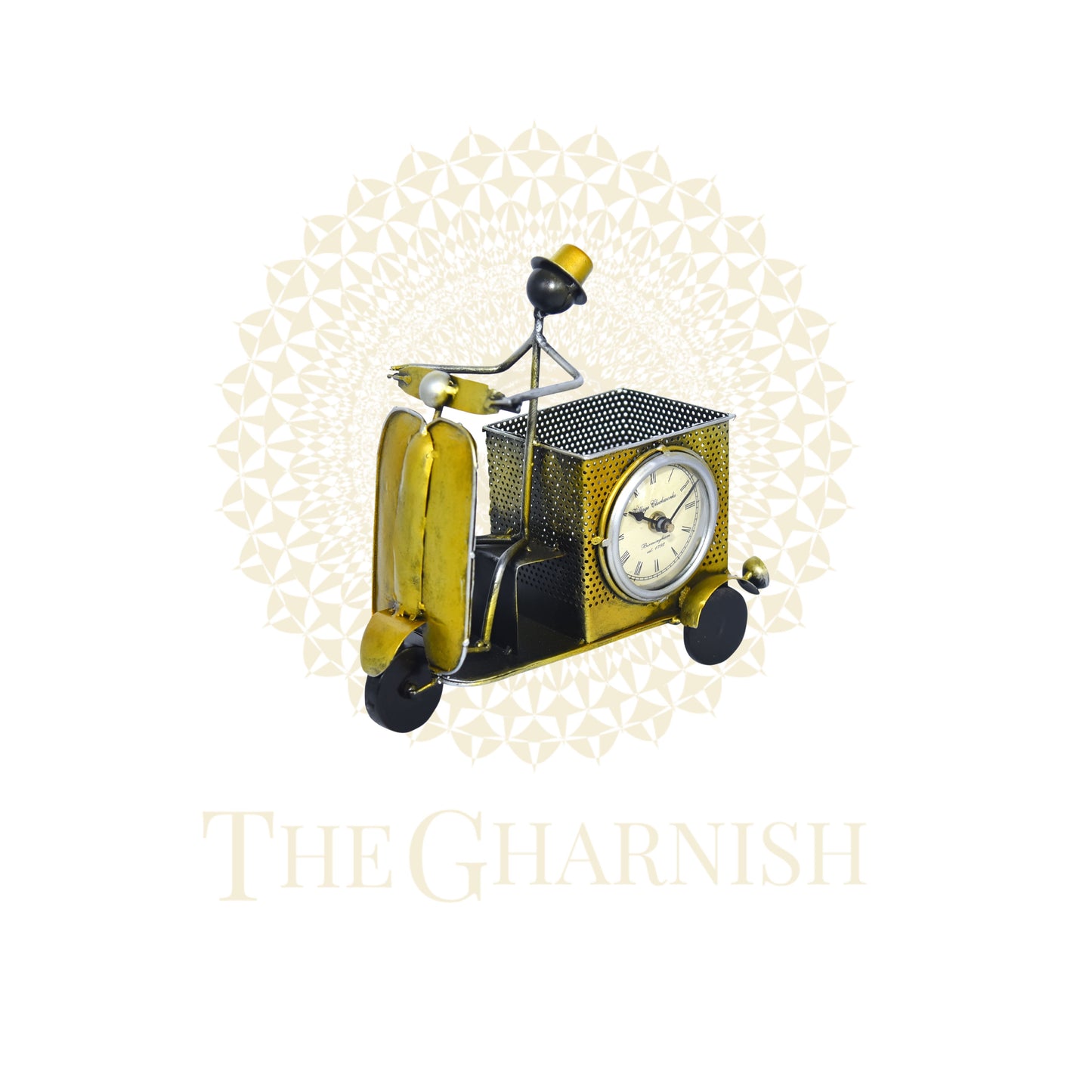 Yellow Scooter Antique Pen Stand With clock - The Gharnish - A Unit of Satkala Creations