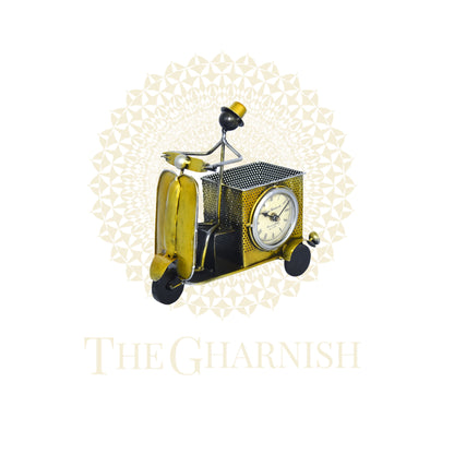 Yellow Scooter Antique Pen Stand With clock - The Gharnish - A Unit of Satkala Creations