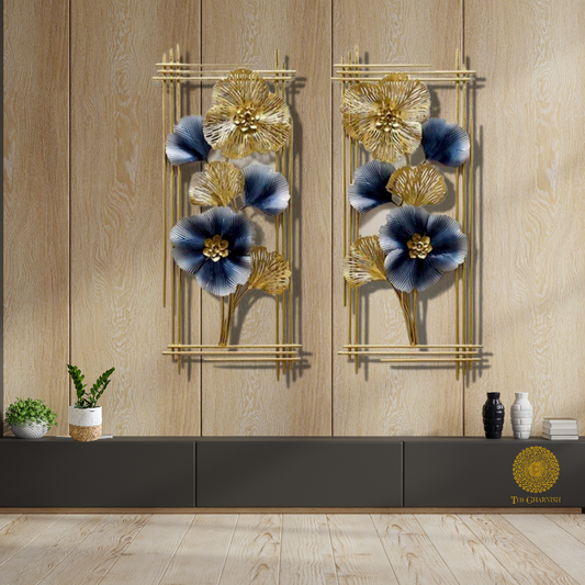 Two vertical metallic wall art frames by TheGharnish, 18x30 inches, featuring modern, reflective design elements.