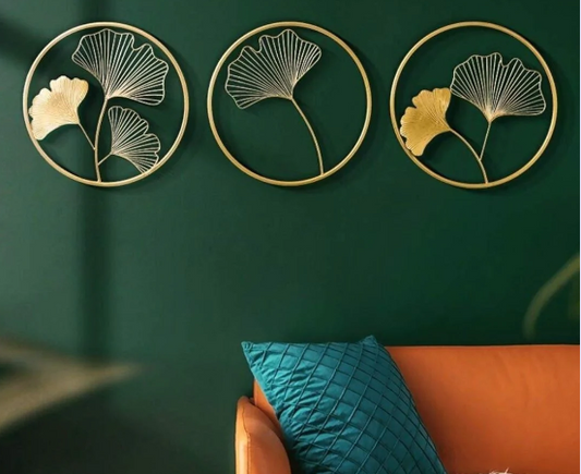 3 Leaves Gold Rings Wall Art ( 18 x 18 Inches ) - Each Panel - The Gharnish - A Unit of Satkala Creations