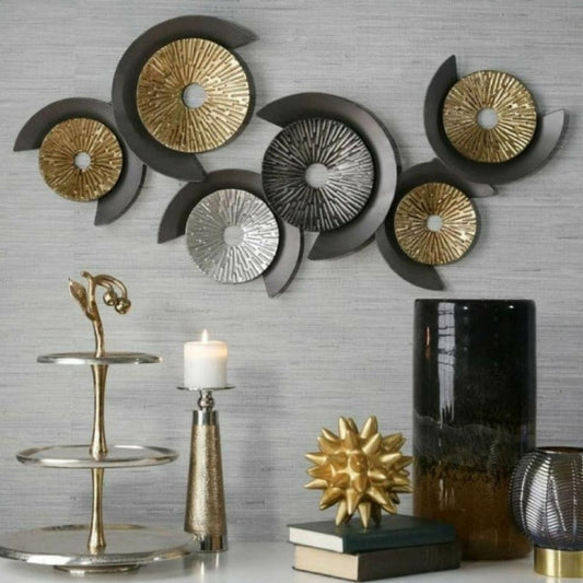 Metallic magnetic wheels wall art by TheGharnish, 48x22 inches, featuring six detailed, shiny metal wheel designs for modern decor.