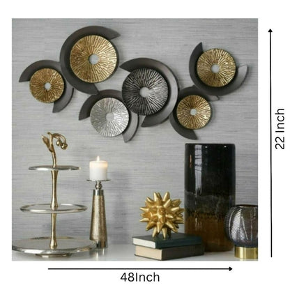 Metallic magnetic wheels wall art by TheGharnish, 48x22 inches, featuring six modern, reflective metal wheel designs for contemporary decor.