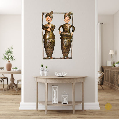 Framed Indian musician wall hanging artwork by TheGharnish featuring detailed illustrations of traditional musicians on a decorative wall art piece.