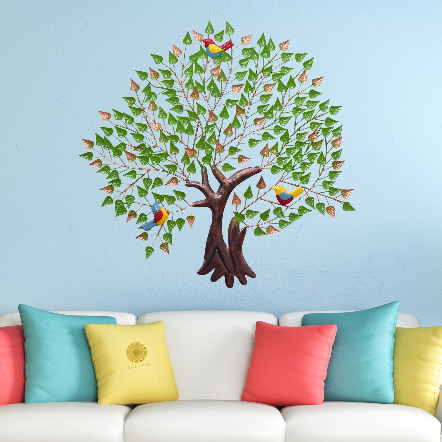 Metallic wall art featuring a tree with birds, designed by TheGharnish, showcasing intricate metalwork and natural bird motifs.