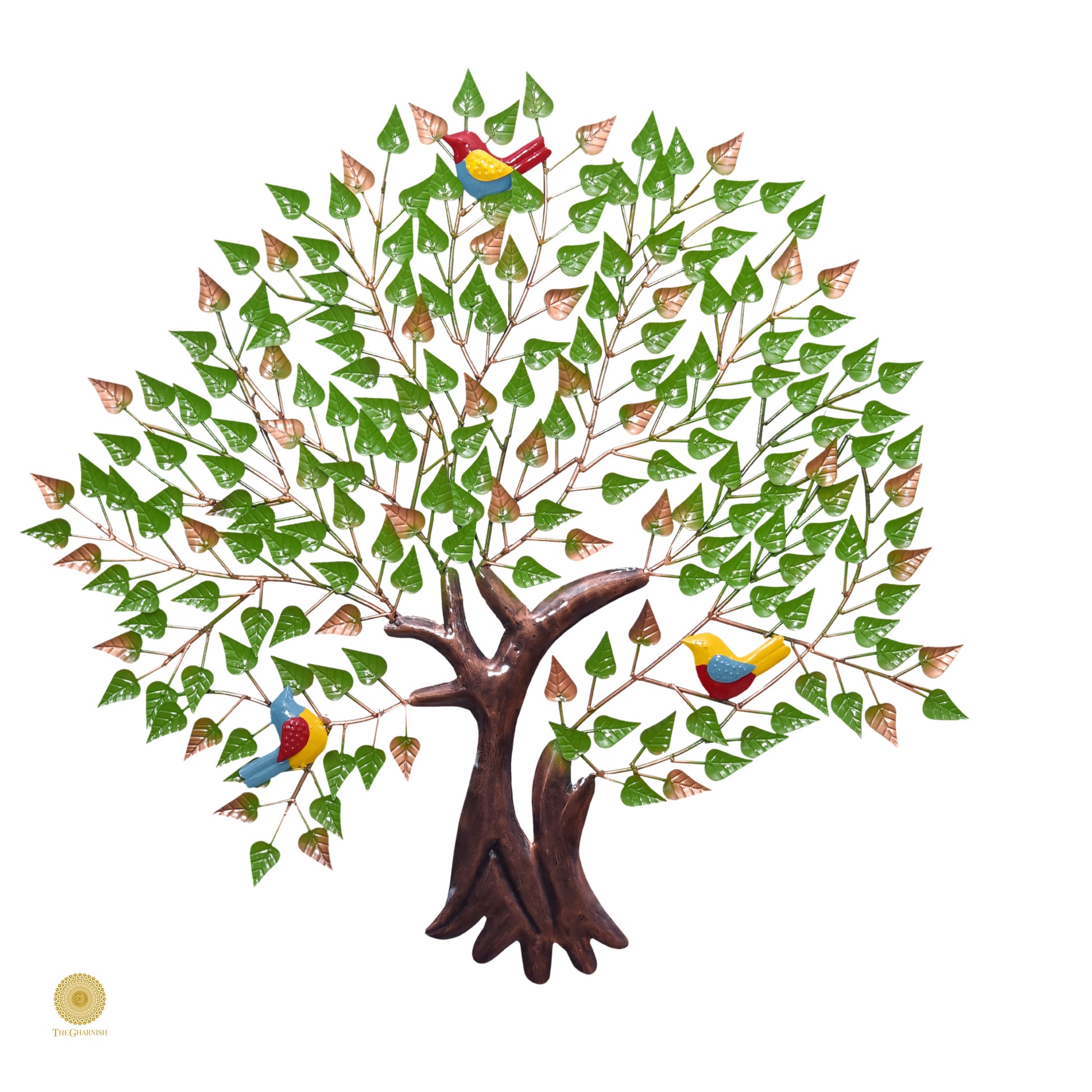 Metallic wall art featuring a tree with birds, decorative wall decor by TheGharnish, showcasing a shiny, modern design.
