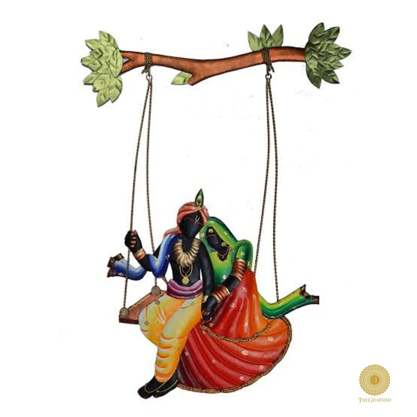 Radha Krishna Jhula wall art print, 16x24 inches, decorative Indian wall decor by TheGharnish featuring traditional artwork.