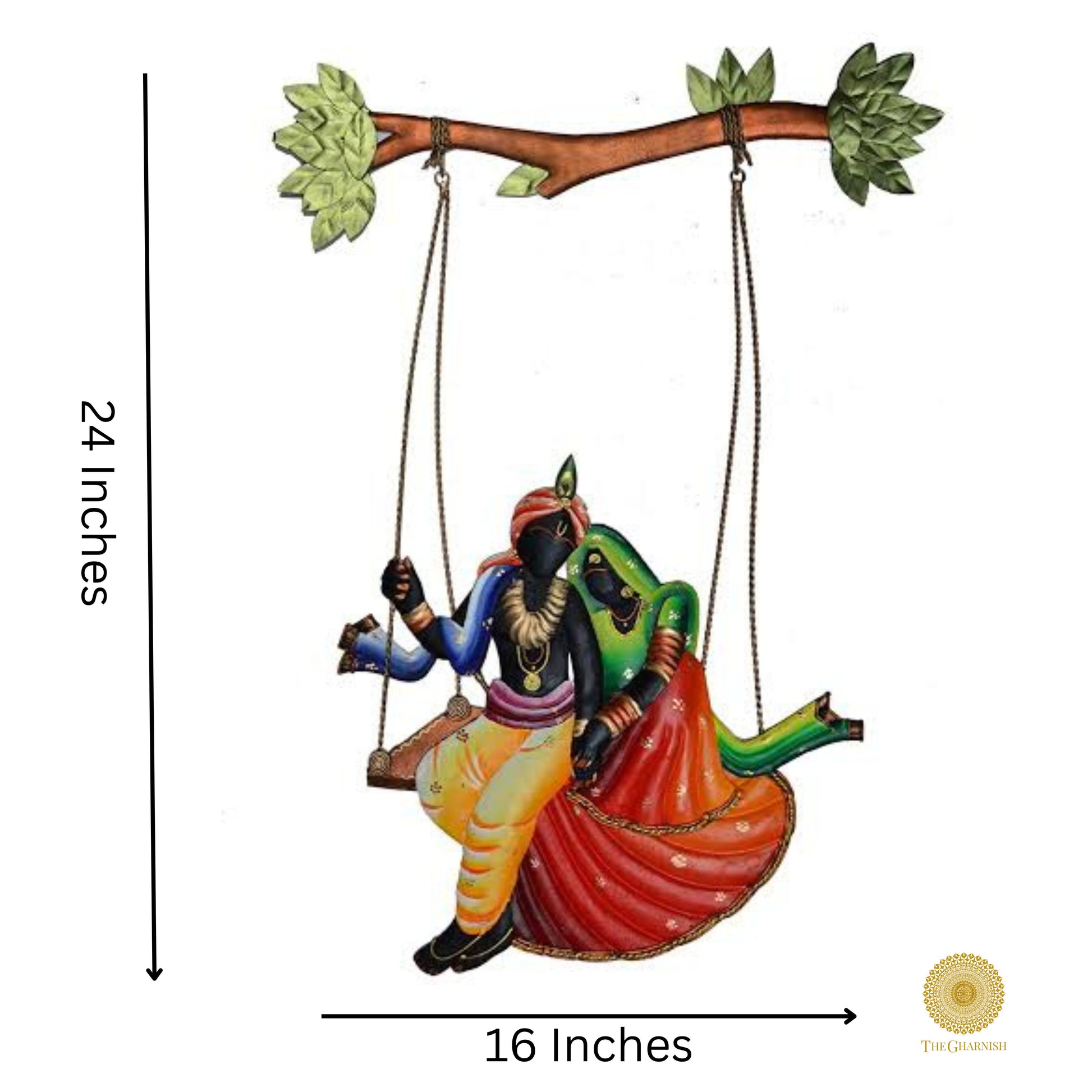Radha Krishna Jhula wall art, 16x24 inches, vibrant decorative print by TheGharnish featuring traditional spiritual imagery.