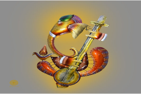 Golden Veena Ganesh metallic wall art featuring intricate design, ideal for decorating living spaces.