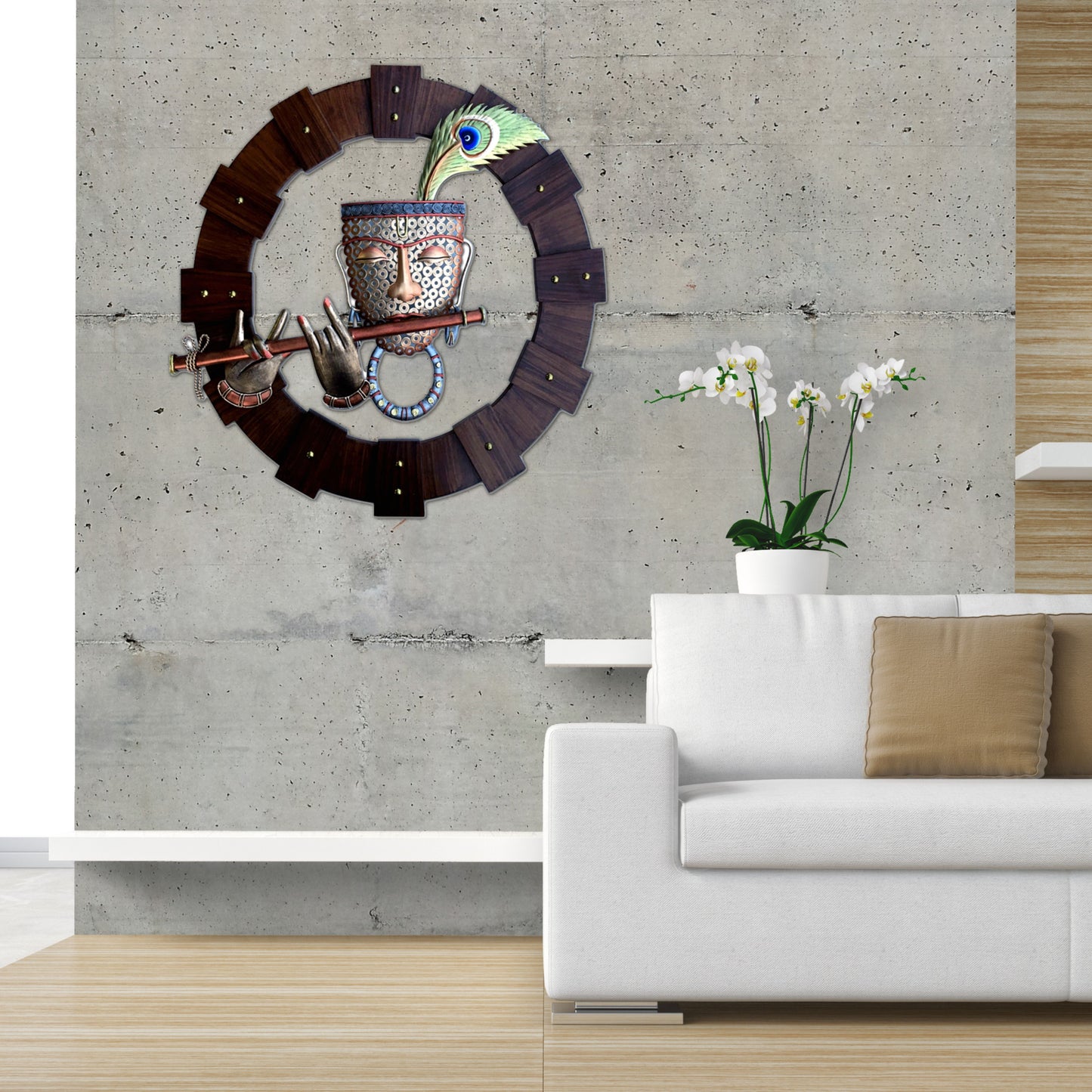 Rustic Wiser Krishna wall art by TheGharnish, 24x24 inches, featuring detailed Krishna design on textured surface.