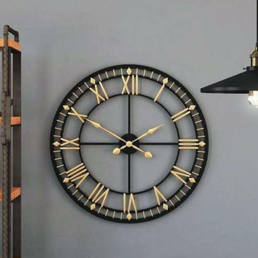 Roman black and gold modern aesthetic wall clock with minimalist design, featuring sleek black face and golden accents.