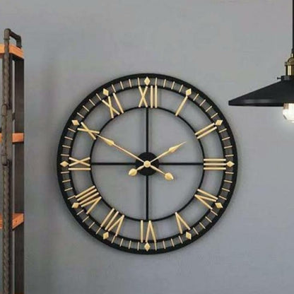 Roman black and gold modern aesthetic wall clock with minimalist design, featuring sleek black face and golden accents.
