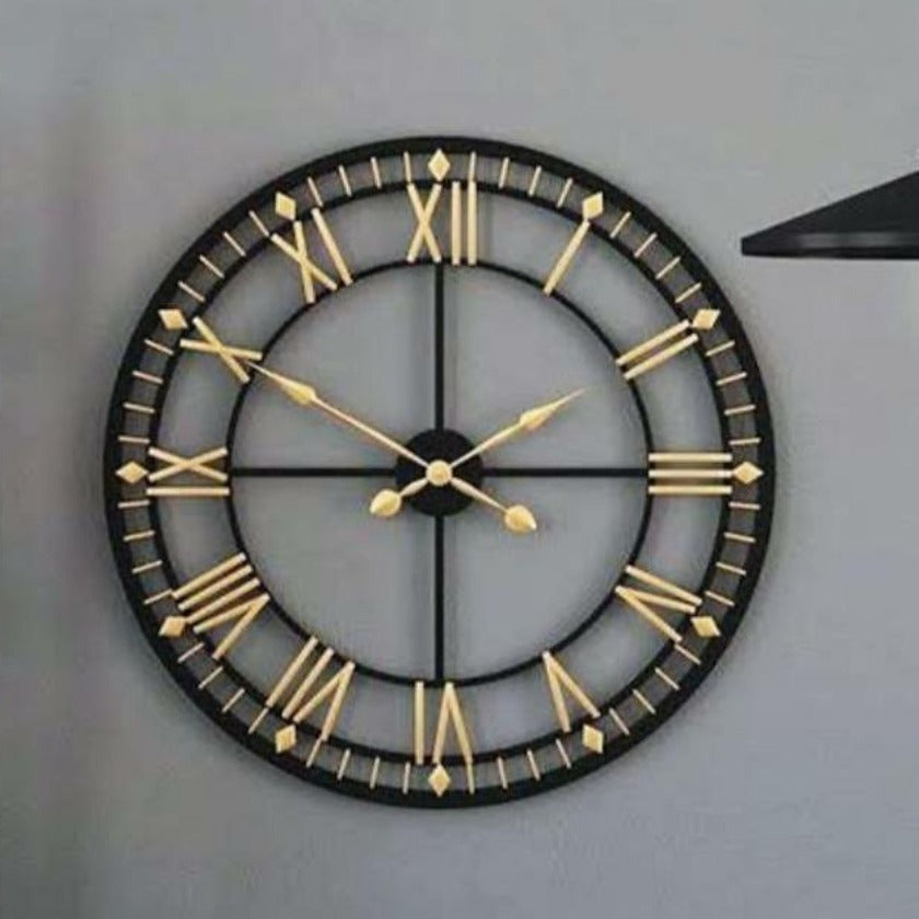 Roman black and gold modern aesthetic wall clock by TheGharnish showing a sleek round design with minimalist Roman numerals and gold accents.