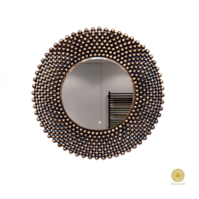 Designer House of Beads Wall Mirror by TheGharnish, 24-inch diameter with intricate bead frame, modern wall decor.