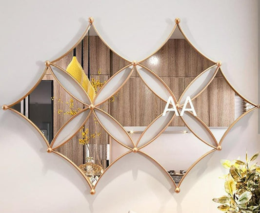 Curved rhombus metallic wall mirror by TheGharnish, 36 x 22 inches, reflecting a modern decorative style.