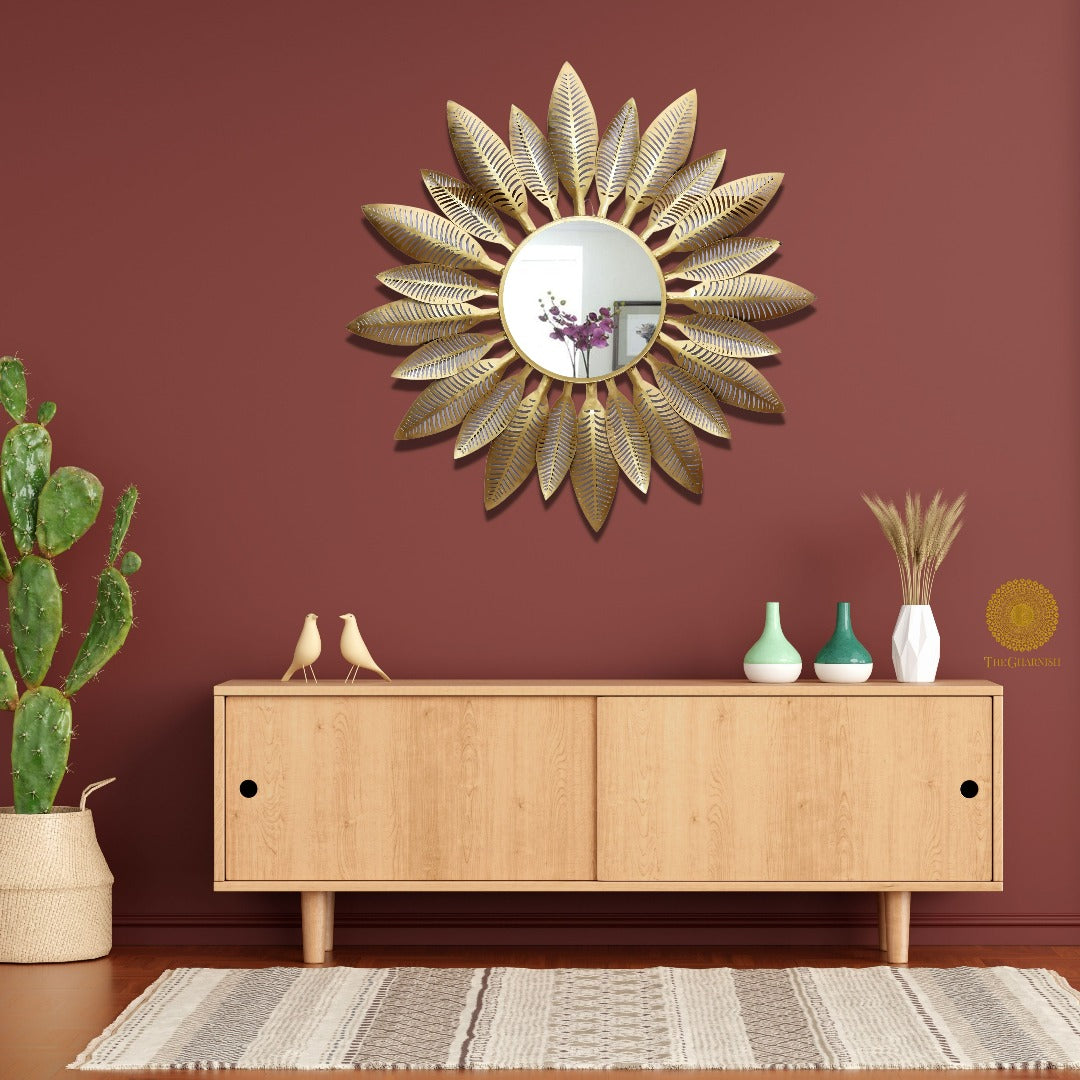 Golden metallic leaf wall mirror by TheGharnish, 30-inch diameter, decorative mirror with intricate leaf design for elegant wall decor.
