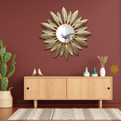 Golden metallic leaf wall mirror by TheGharnish, 30-inch diameter, decorative mirror with intricate leaf design for elegant wall decor.