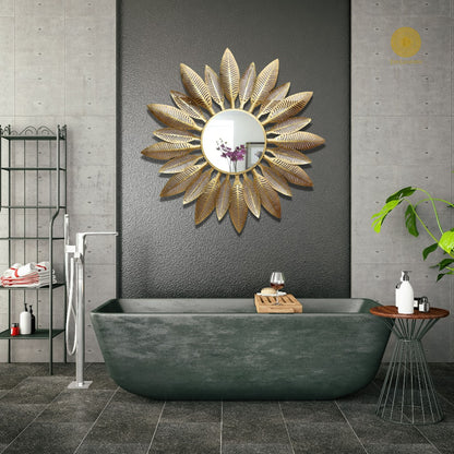 Golden metallic leaf wall mirror, 30-inch diameter, with a decorative frame, by TheGharnish, ideal for stylish home decor.